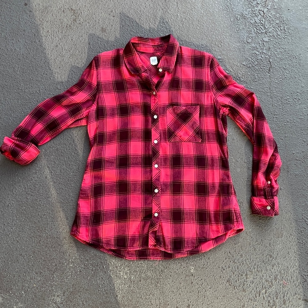 GAP | Women’s Long Sleeve Plaid Button-Up Flannel Shirt Pink Burgundy MEDIUM